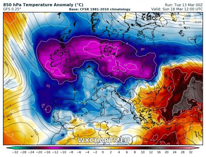 Volgens de WXChartsprognose gaat de koude poollucht a.s. zondag precies om Gorcum heen.