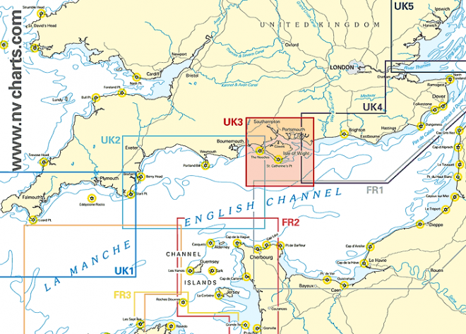 NV Charts UK 1, 2 en 3 (UK 3 Solent is rood uitgelicht). UK 4 en 5 hadden we vorig jaar al.