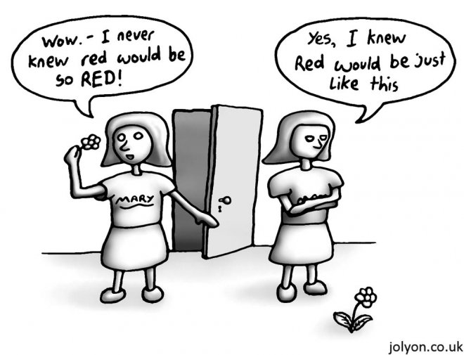 Marie de kleurenwetenschapper stapt uit de zwart/witte kamer, waarin ze altijd opgesloten was, en ziet voor het eerst van haar leven kleuren.