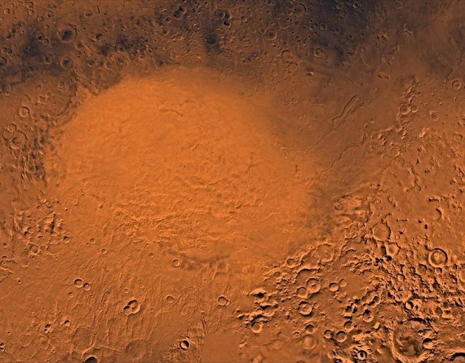 Foto van het Hellas Bassin op Mars met talrijke opgedroogde meren in de noordoostelijke rand (Image Credit:NASA/JPL/USGS)