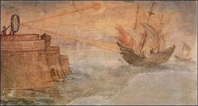 De Romeinen belegeren Syracuse. Met de spiegel van Archimedes wordt zonlicht geconcentreerd op de zeilen van een Romeins schip, dat in brand vliegt (muurschildering van Giulio Parigi, ca. 1600, het is duidelijk geen schip uit de tijd van Rome)