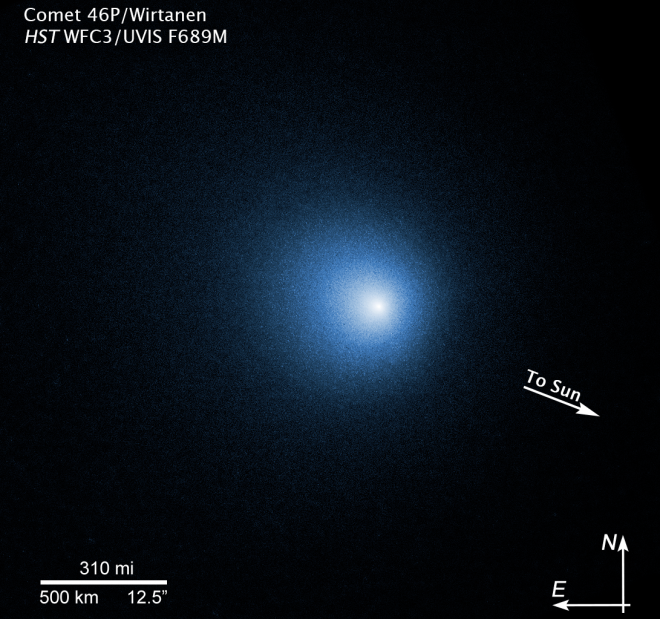 Komeet 46P/Wirtanen op 20 december jl. gefotografeerd door de Hubble-ruimtetelescoop.