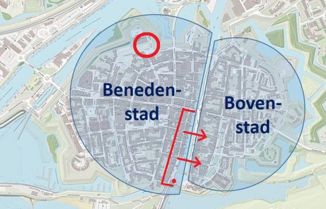 Het nieuwe parkeerplan voor bewoners van de binnenstad. Onder bij de rode stip wonen wij.