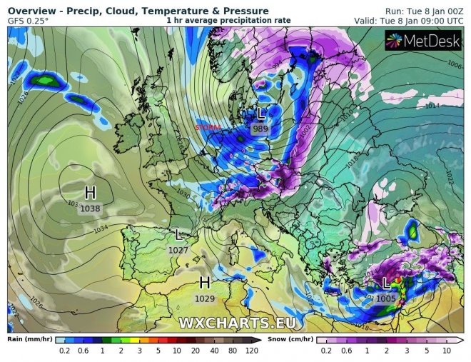 De storm van vandaag op WX Charts.