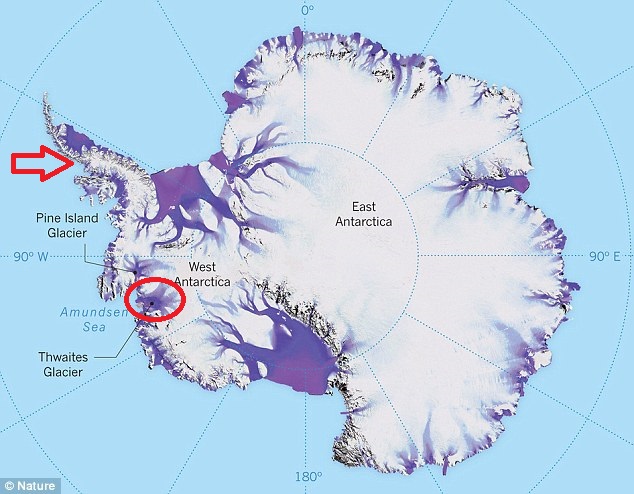 Antarctica met in de rode cirkel de Thwaites gletscher. Mijn bezoek is volgend jaar bij de rode pijl.