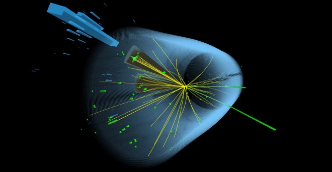 Botsing van twee protonen in de LHC in 2018. Verklaring in de tekst. (Foto: CERN)