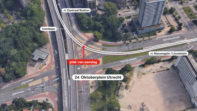 De plek van de aanslag vanmorgen in Utrecht. Rechtsonder in beeld nog net te zien: het vroegere beddenhuis van Ziekenhuis Oudenrijn. Op de 1e etage bij het zwarte rechthoekje was mijn werkkamer.