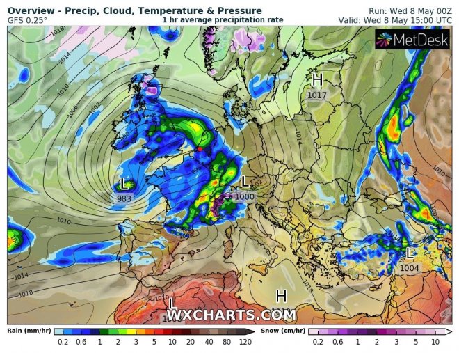 De prognose van WXcharts.eu om 15.00 uur vanmiddag.