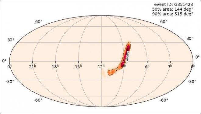Locatie aan de hemel van de plek waar de zwaartekrachtgolven in de mass-gap vandaan kwamen (bron: Nikhef)