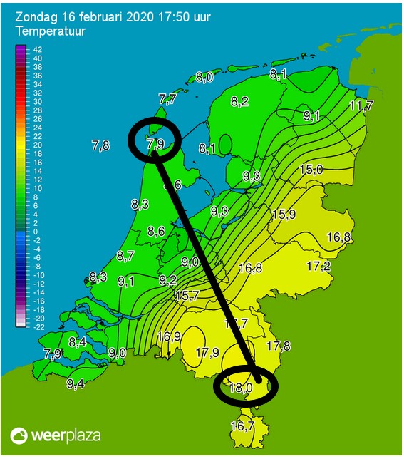 Het koufront passeert gisteravond met een spectaculaire temperatuurdaling en veel wind.