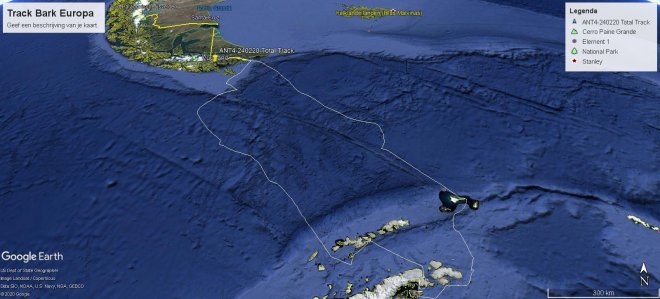 De track van Bark Europa op onze tocht naar de Weddelzee en terug.