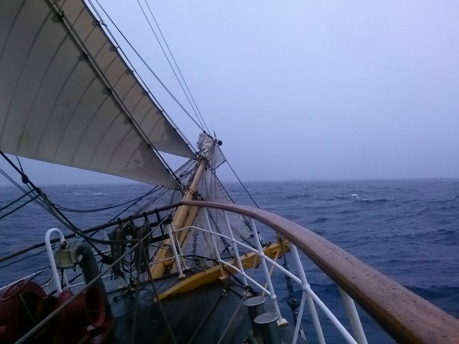 Drake Passage. Het voordek van Bark Europa, waar we uitkijkwacht hebben.