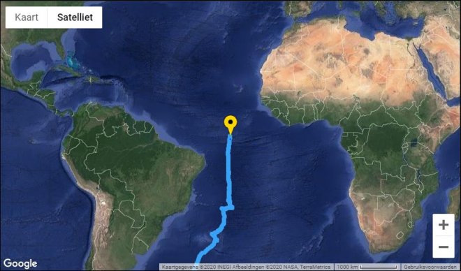 Positie van de Bark Europa vanmorgen om 8.00 uur. Snelheid 6,3 knopen, koers 6 graden. De evenaar werd gisteren gepasseerd.