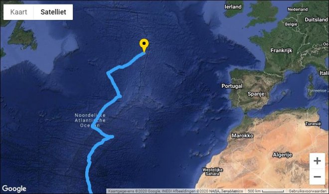 De positie van de Bark Europa vandaag 0m 14.00 uur UTC