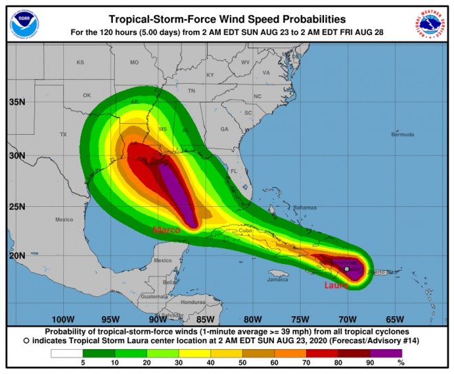 Twee orkanen zijn op weg naar de staat Louisana in de VS (bron: NOAA)
