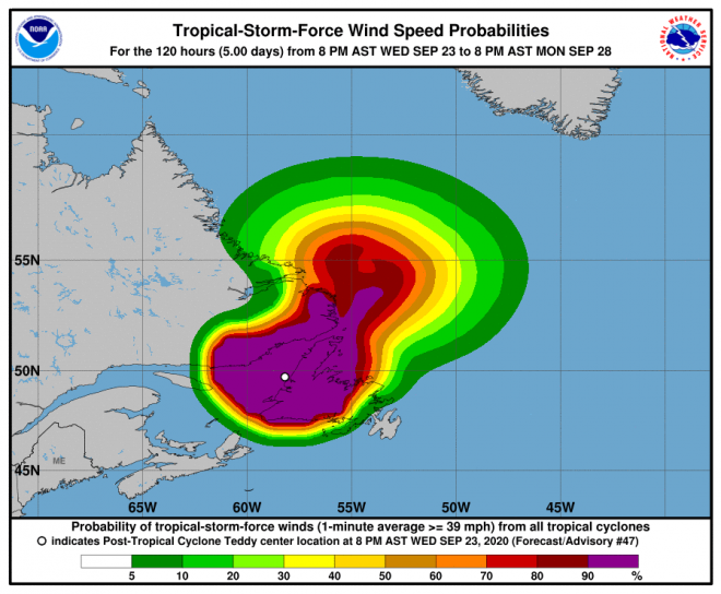 Ex-orkaan Teddy vanmorgen bij Newfoundland (bron: NOAA)
