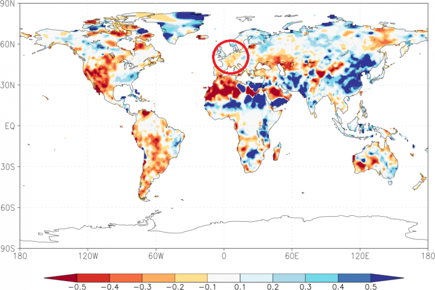 Neerslag afwijking van normaal wereldwijd (regenmeters) in 2020 (bron: GPCC precipitation worldwide 2018 - 2020)