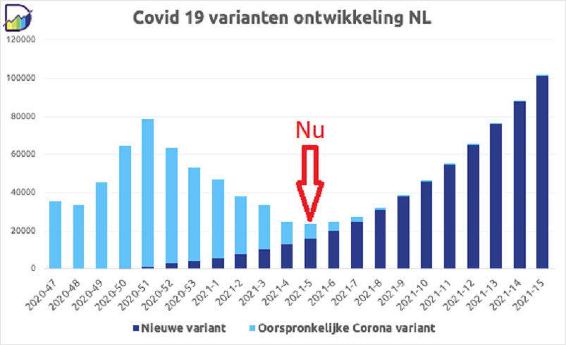 Nieuwe coronabesmettingen met de oorspronkelijke variant (lichtblauw) en de Britse vaiant tot half april bij 20% groei per week (bron: Stephan Okhuijsen, Twitter)