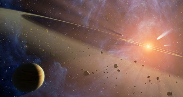 Artists impression van de ster Epsilon Eridani (rechts) met asteroïdengrodels en een planeet (linksonder)