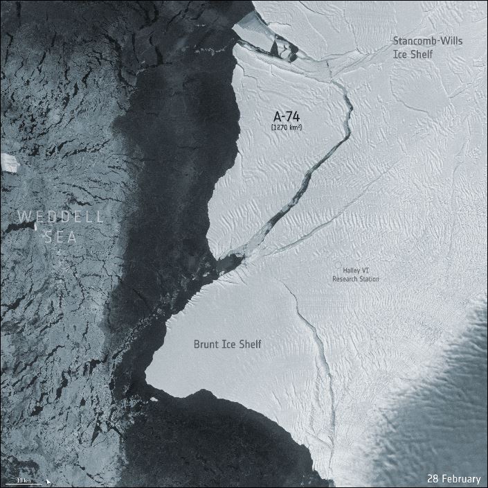 Een groot deel van de Brunt Iceshelf op Antarctica breekt af (afbeelding: British Antarctic Survey)
