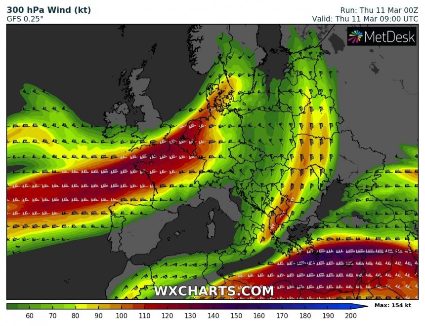 Harde tot stormachtige wind vandaag. Het windgebied trekt vrij snel over ons land op de WXcharts-prognose.