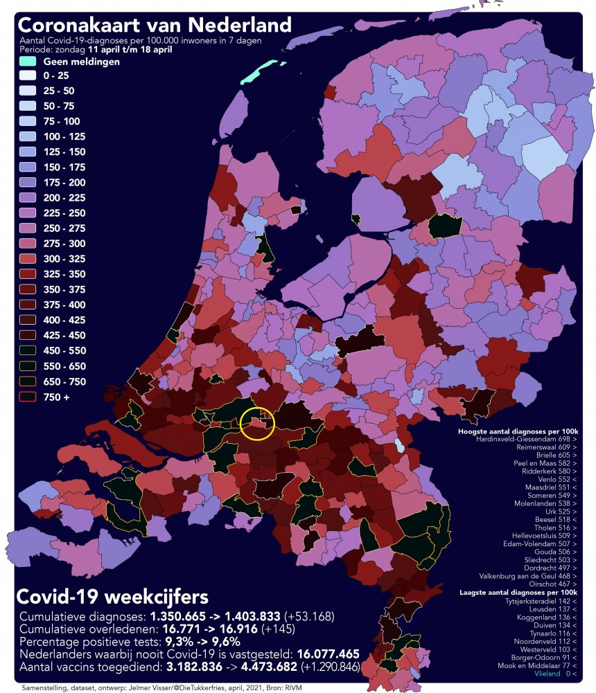 De coronakaart van Nederland, week 11 - 18 april 2021.
