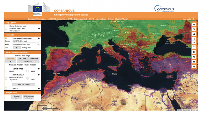 GEFF- wekelijkse voorspelling van bosbrandgevaar in de Middellandse Zeeregio op 31 juli 2021. De purpergekleurde gebieden lopen 