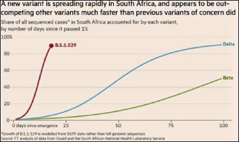 Het kostte de deltavariant ongeveer 100 dagen om in Zuid-Afrika dominant te worden. B.1.1.529 kreeg dat in 2 weken voor elkaar.