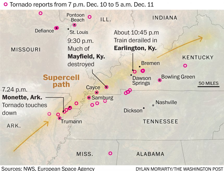 Dit kaartje laat goed zien dat het in Kentucky om een cluster van tornado