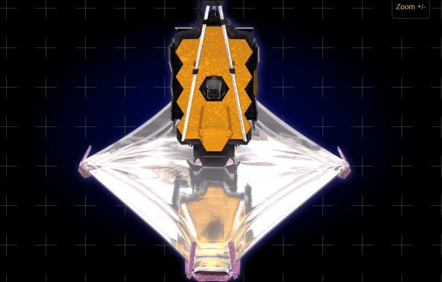 De James Webb ruimtetelscoop onderweg op dag 9. Het zonneschild is uitgevouwen maar nog niet gespannen. Boven de opgeklapte hoofdspiegel. (bron: NASA)