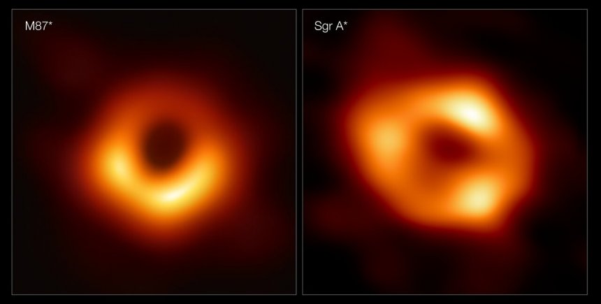 Twee zwarte gaten. Links het enorme zwarte gat M87 op een foto van 2019, rechts Sagittarius* (foto