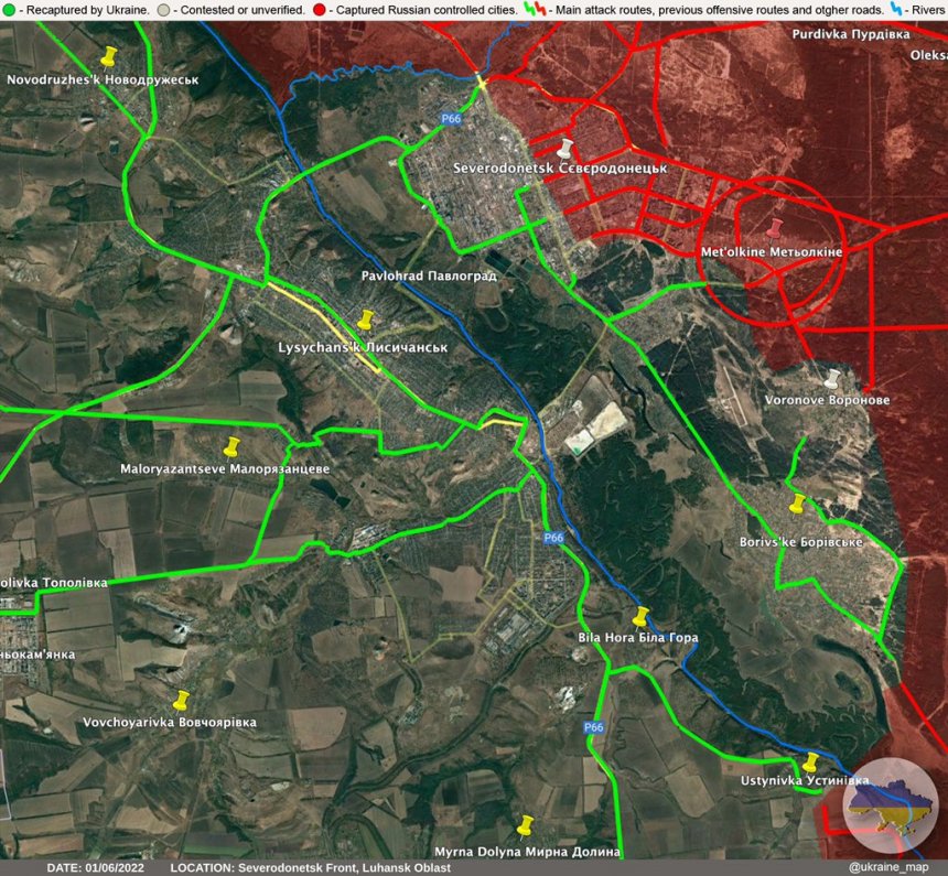 Severodonetsk vandaag. Oekraïne trekt zich terug op de hoge oever van de Seversky Donets rivier bij Lysychansk.