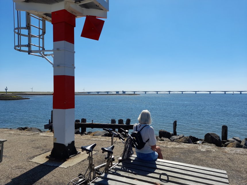 De Oosterschelde met de Zeelandbrug. Links de invaart van het havenkanaal van Zierikzee (foto van gisteren).