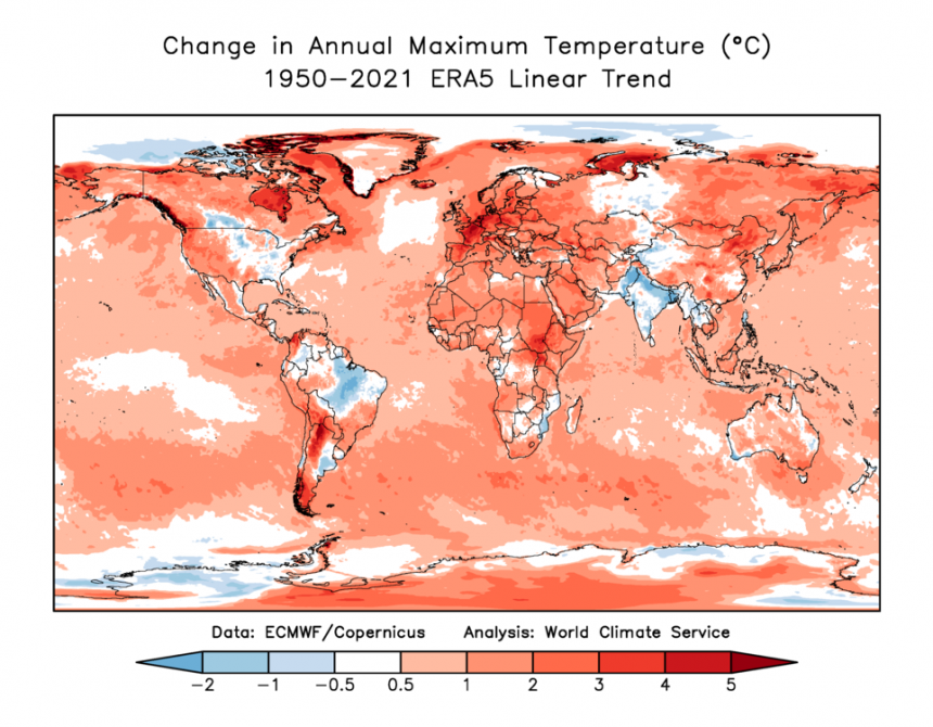 Ongelijke trends in opwarming over de wereld, 1951 - 2021. West-Europa warmt sneller op dan de algemene trend (bron: ERA5)