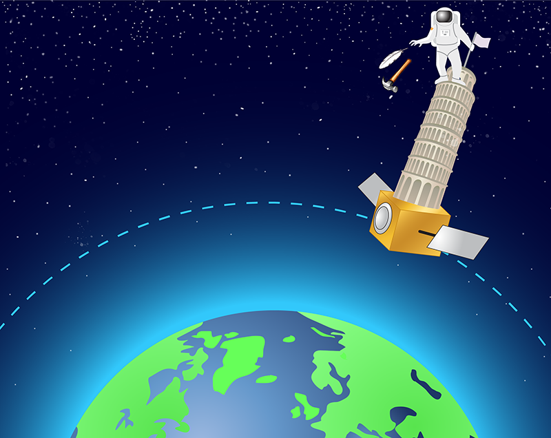 De illustratie bij het artikel in de Physical Research Letters is fout. Het experiment vond plaats binnen de satelliet. De hamer en het veertje zouden meevliegen met dezelfde snelheid als de satelliet wanneer ze worden losgelaten.