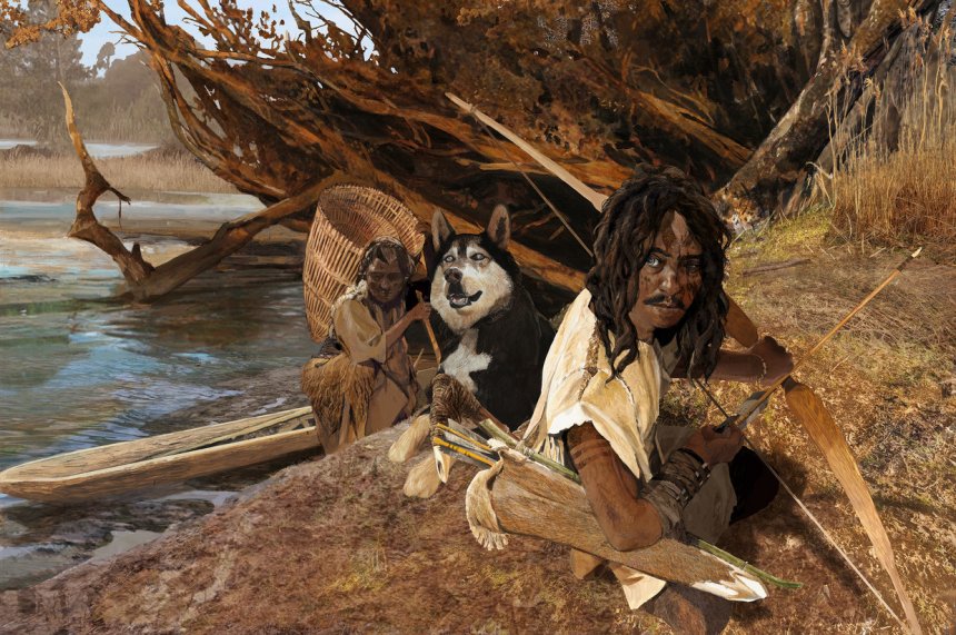 Illustratie van mesolithische jager-verzamelaars in Doggerland (ca. 9.000-6.000 v.Chr.).Beeld Kelvin Wilson/De Volkskrant