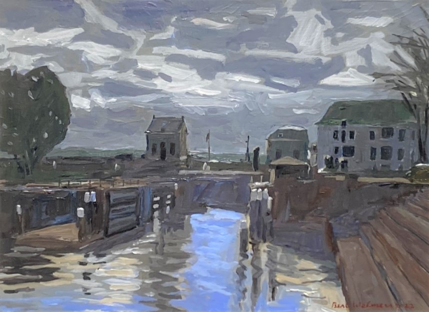 Bert Welmers. Lingehaven en Lingesluis, tegenlicht in oktober. Olieverf op paneel., 42 x 30 x 1 cm, 2022. Rechts ons huis.