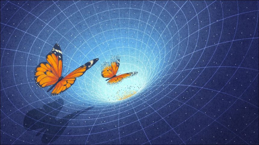 Een holografisch wormgat zou informatie op de ene plaats door elkaar kunnen haspelen en op een andere weer samenstellen, alsof een orkaan in Houston vlinders uiteen trekt die heel weer opduiken in een cycloon in Tokyo. (Myriam Wares for Quanta Magazine