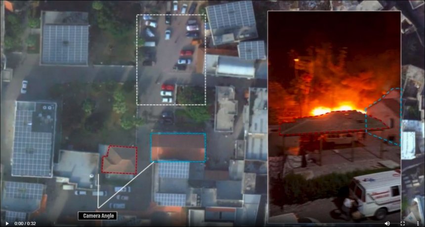 Still uit beelden van IDF waaruit zou blijken dat de inslag niet op het ziekenhuis was maar op de parkeerplaats ernaast.