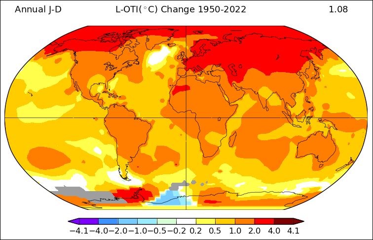 Het verschil in polaire amplificatie tussen noordpool en zuidpool. Temperatuurtrends sinds 1950 volgens NASA-GISS.