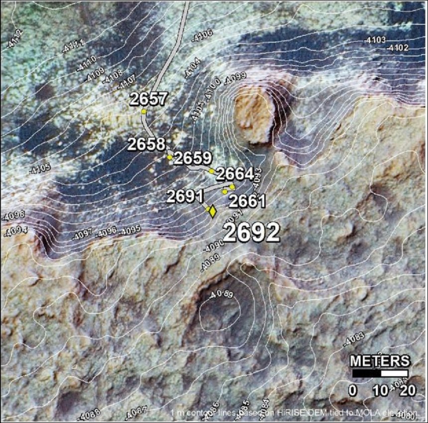 De route van Perseverance in Gedis Vallis (detail) tot 3 maart 2024, SOL 2692 (bron: NASA/Wikipedia)
