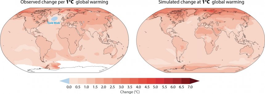 FIGURE 13. Comparison of observed and simulated annual mean surface temperature change for 1°C global warming (IPCC, 2021, Figure SPM.5). The models on average do not reproduce the observed cold blob.
