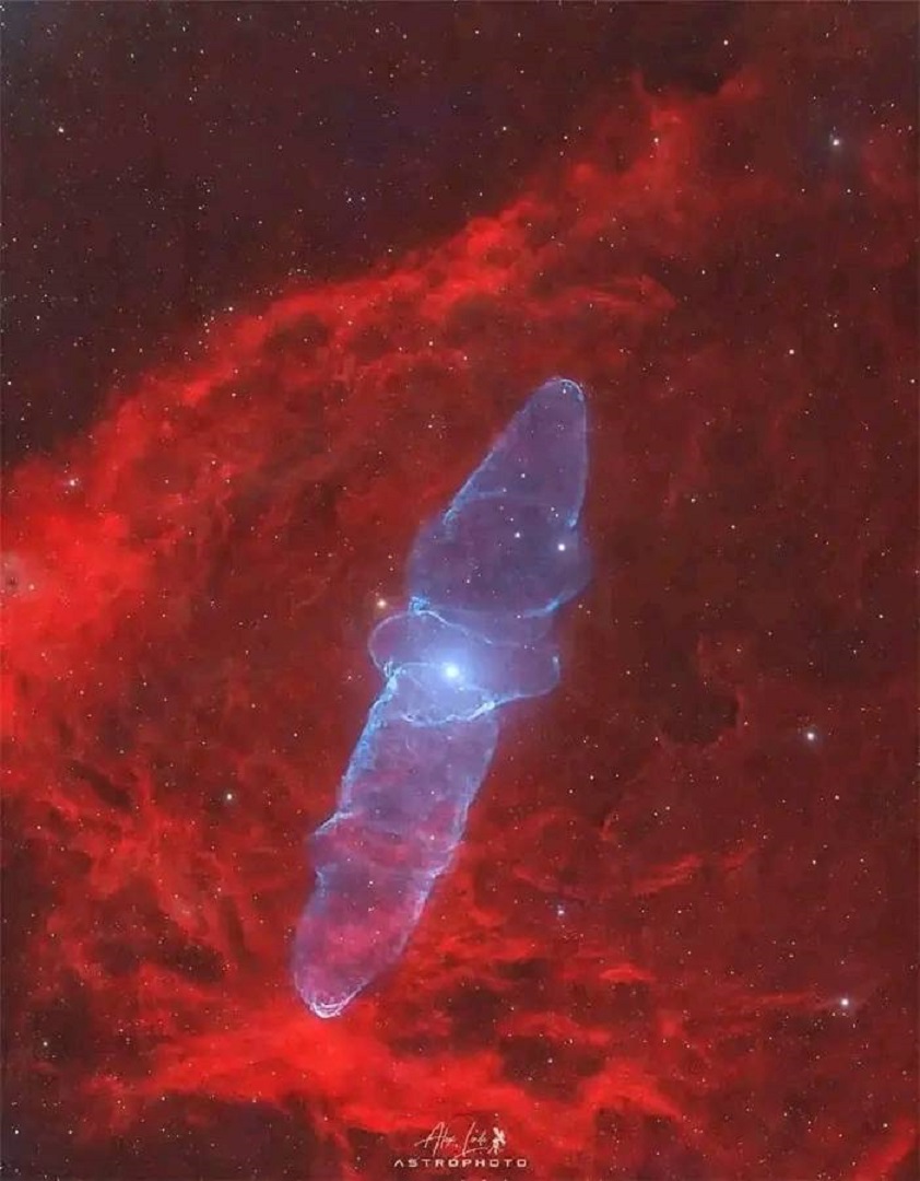 Een opname van de James Webb ruimtetelescoop van de kosmische gaswolk 'Grote pijlinktvis' (Giant Squid). In het midden staat een systeem van drie hete, massieve sterren, waaruit de gaswolk is ontstaan. (Credit/Copyright: Alex Linde)
