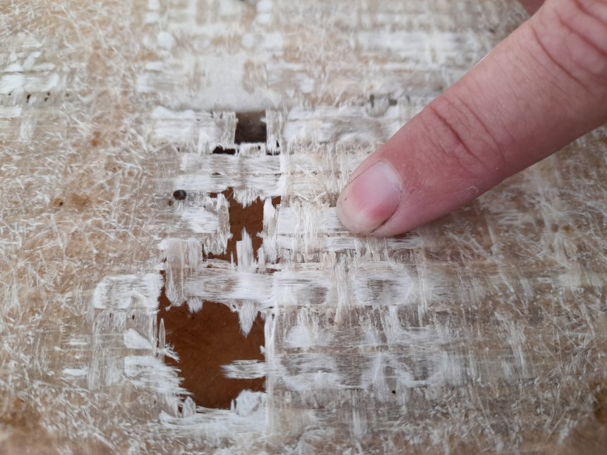 Het dek van Dulce. De onderste laag glasvezel is hier en daar volkomen vergaan door het vocht van jaren. lekkage. De vinger is van Bob.