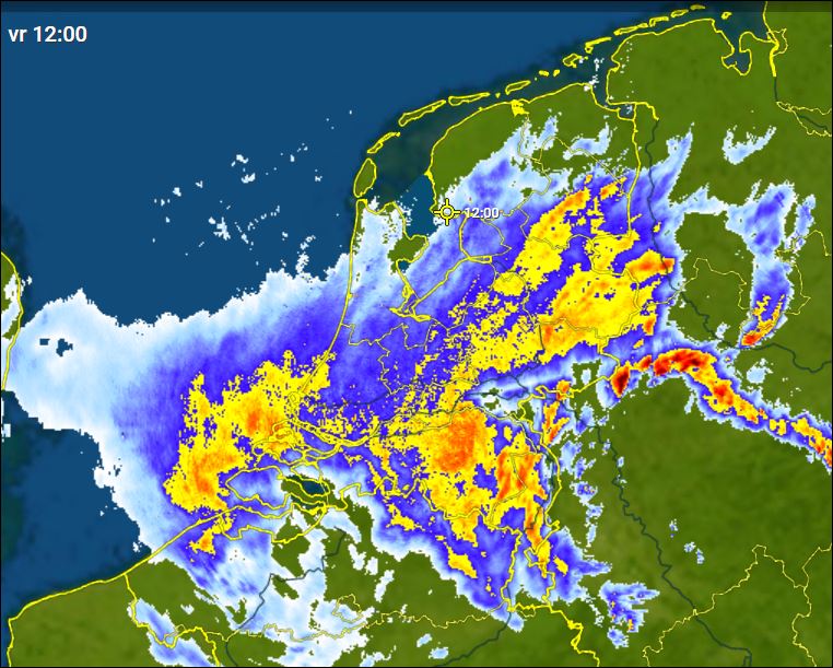 De buienradar van 12.00 uur vandaag.