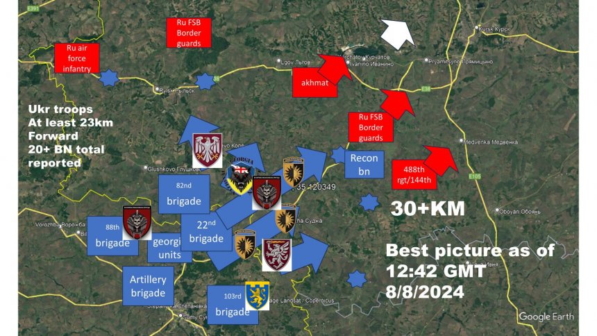 Overzicht van de Oekraïense inval in de oblast Koersk op 8 augustus 2024 om 12.42 uur GMT (bron: Trent Telenko op X)