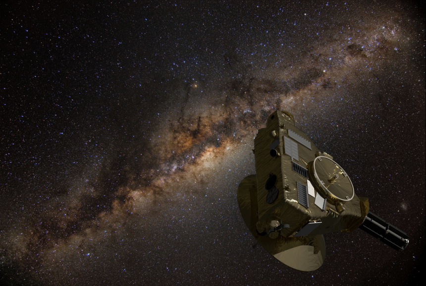 De ruimtesonde New Horizons met de diepe ruimte op de achtergrond (bron: NASA)