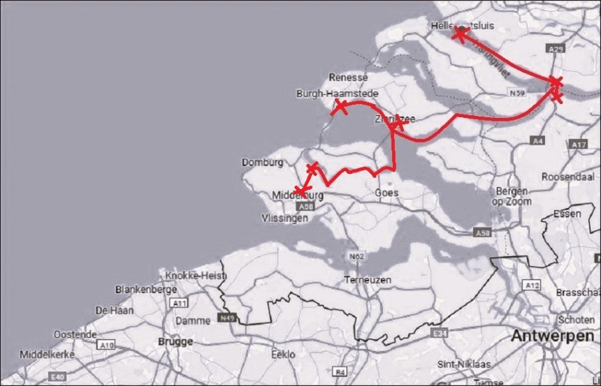 Onze route dit jaar naar Zeeland. We liggen op 1 juli 2025 in Middelburg.
