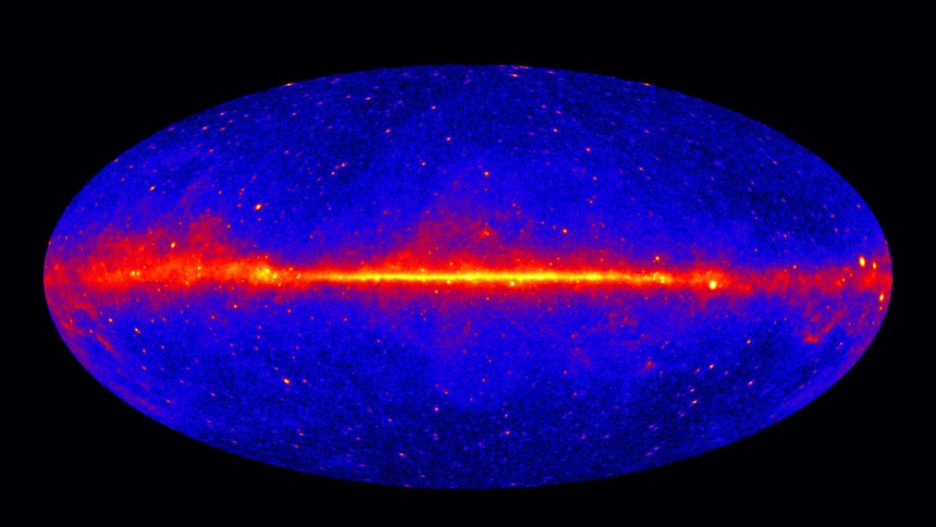 Gamma-kaart van onze Melkweg, gebaseerd op zestig maanden aan gegevens van NASA-satelliet Fermi. © NASA/DOE/Fermi LAT Collaboration.