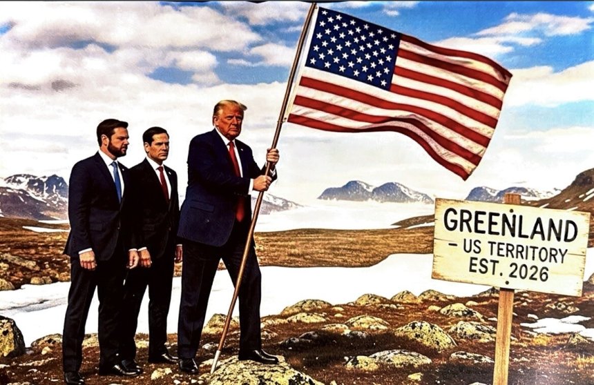 In elkaar gefröbelde nepfoto van Trump die de Amerikaanse vlag plant op Groenland. Achter hem Vance en Rubio (bron: TruthSocial)